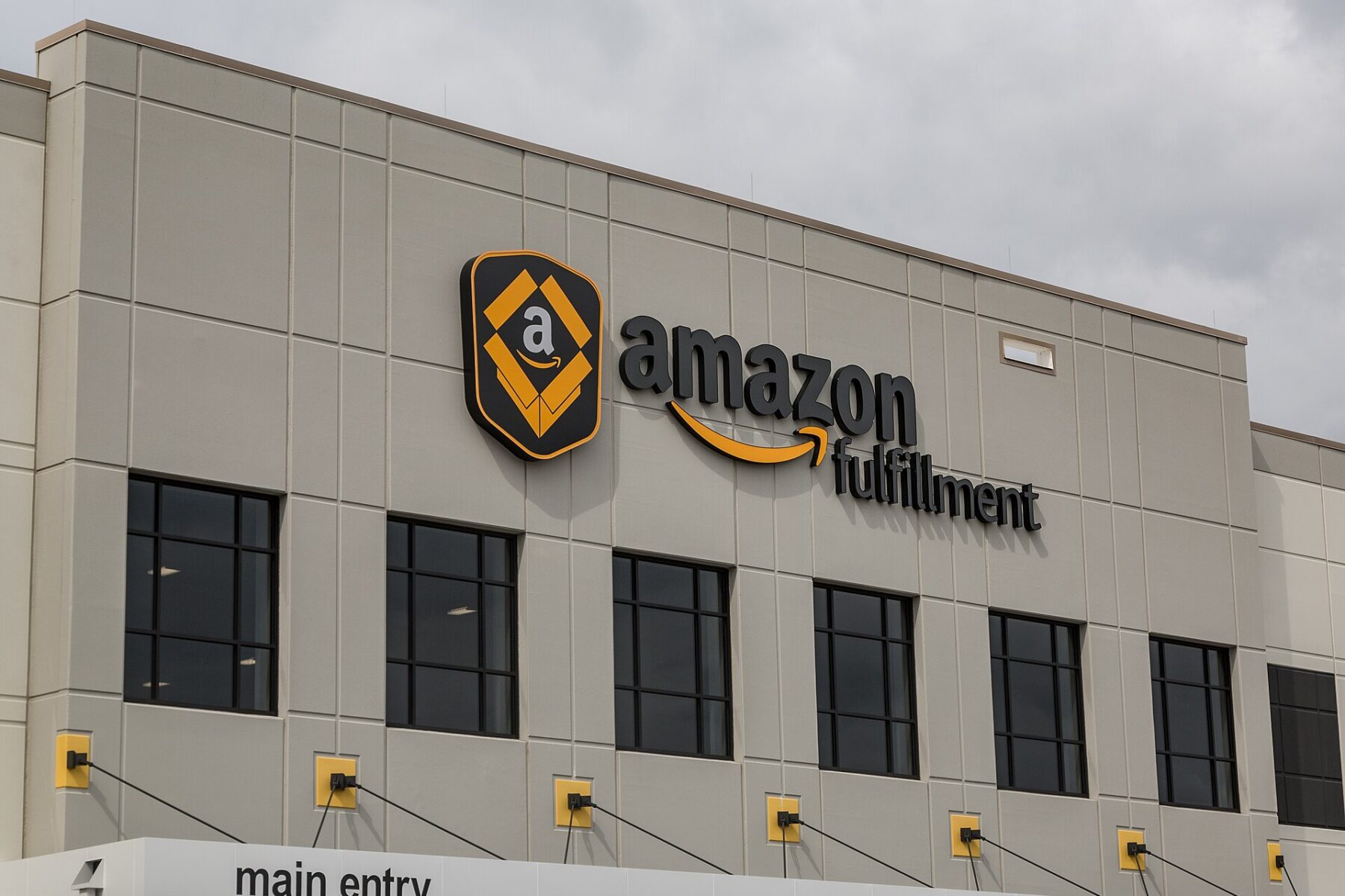 The Amazon fulfillment center sign at the main entry of the Shakopee, Minnesota, warehouse.