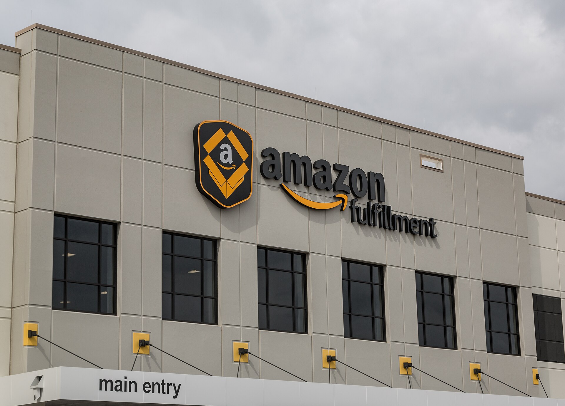 The Amazon fulfillment center sign at the main entry of the Shakopee, Minnesota, warehouse.
