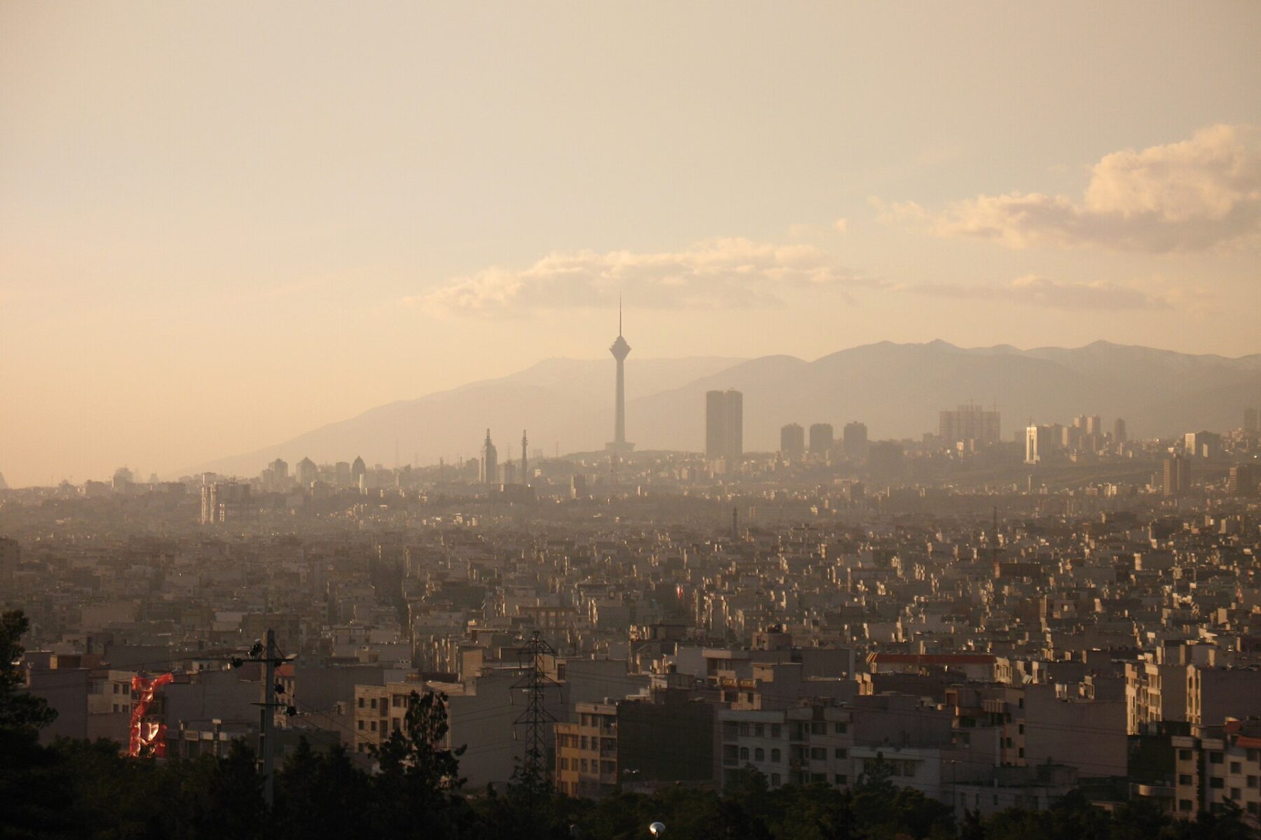Skyline of Tehran with the Milad Tower at dusk
