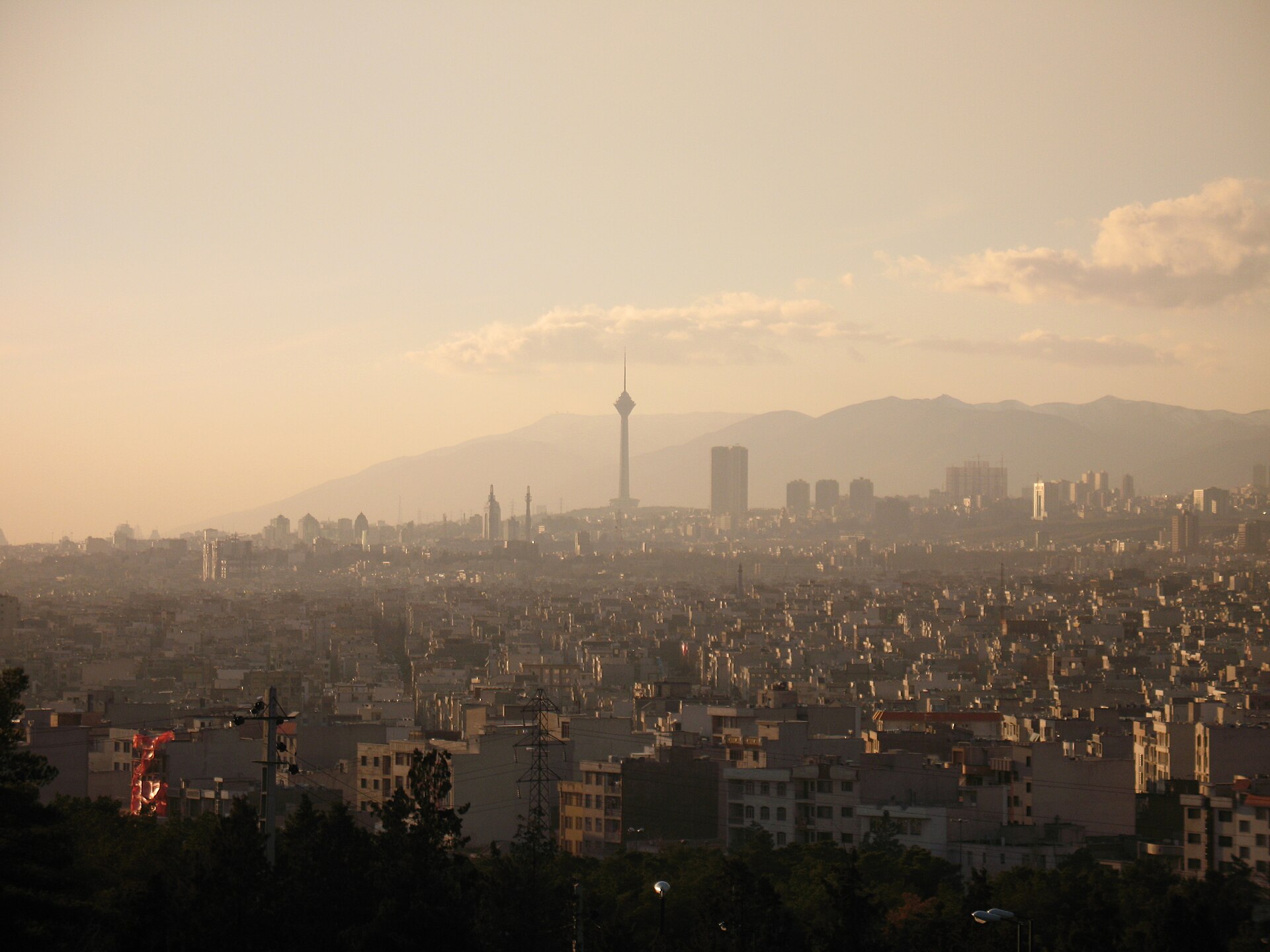 The Tehran skyline with the Milad Tower and the Alborz mountains