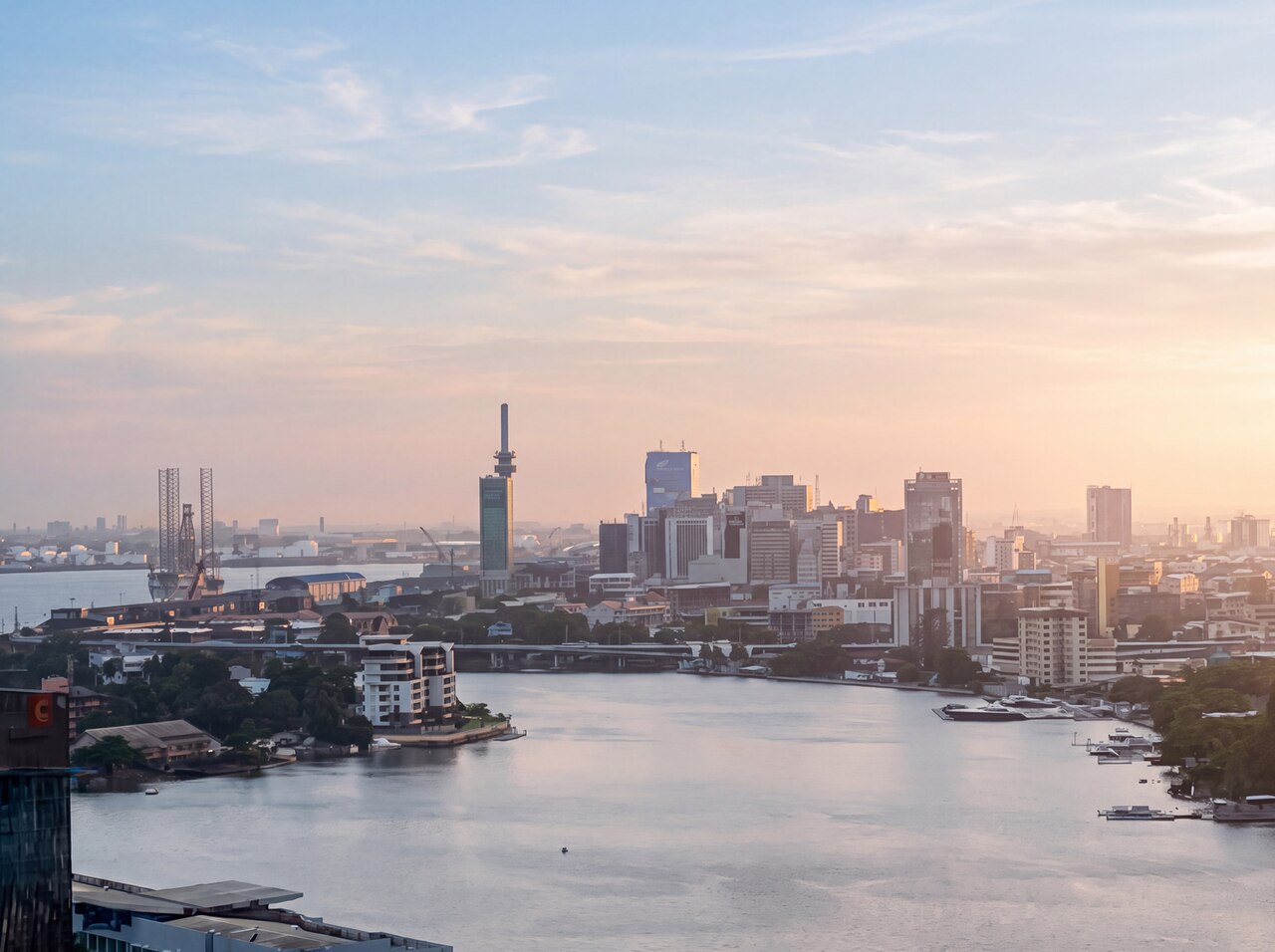 The Lagos Island skyline and lagoon at sunrise