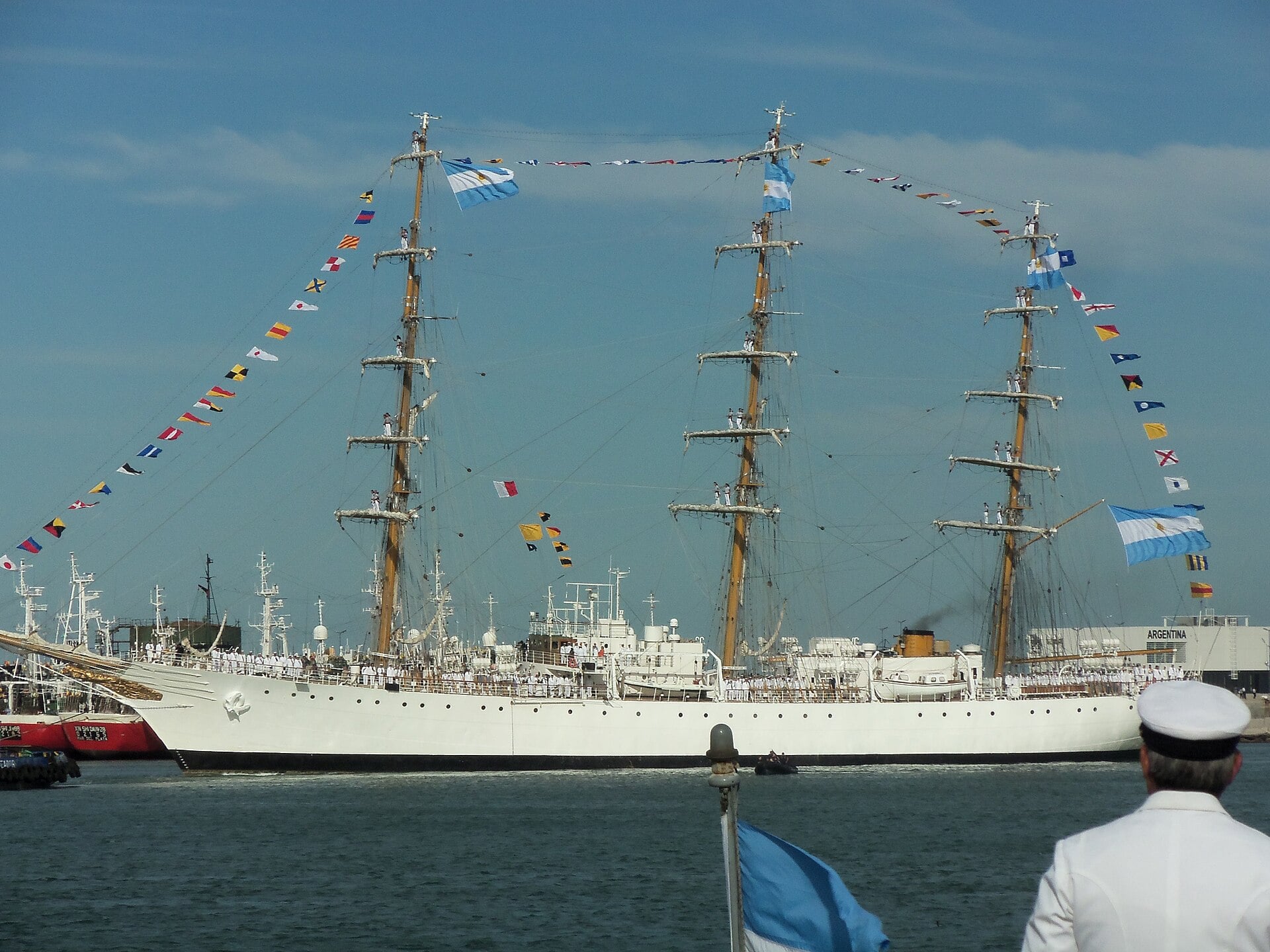 The Argentine navy tall ship ARA Libertad dressed with flags in port