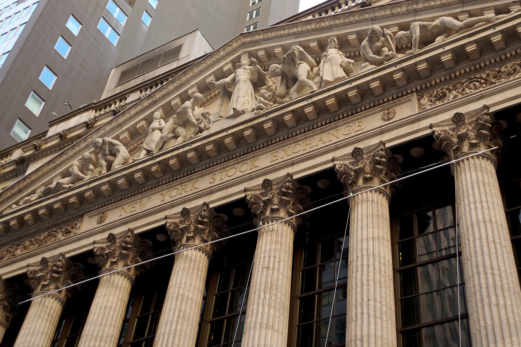 Pediment and columns of the New York Stock Exchange on Broad Street, New York