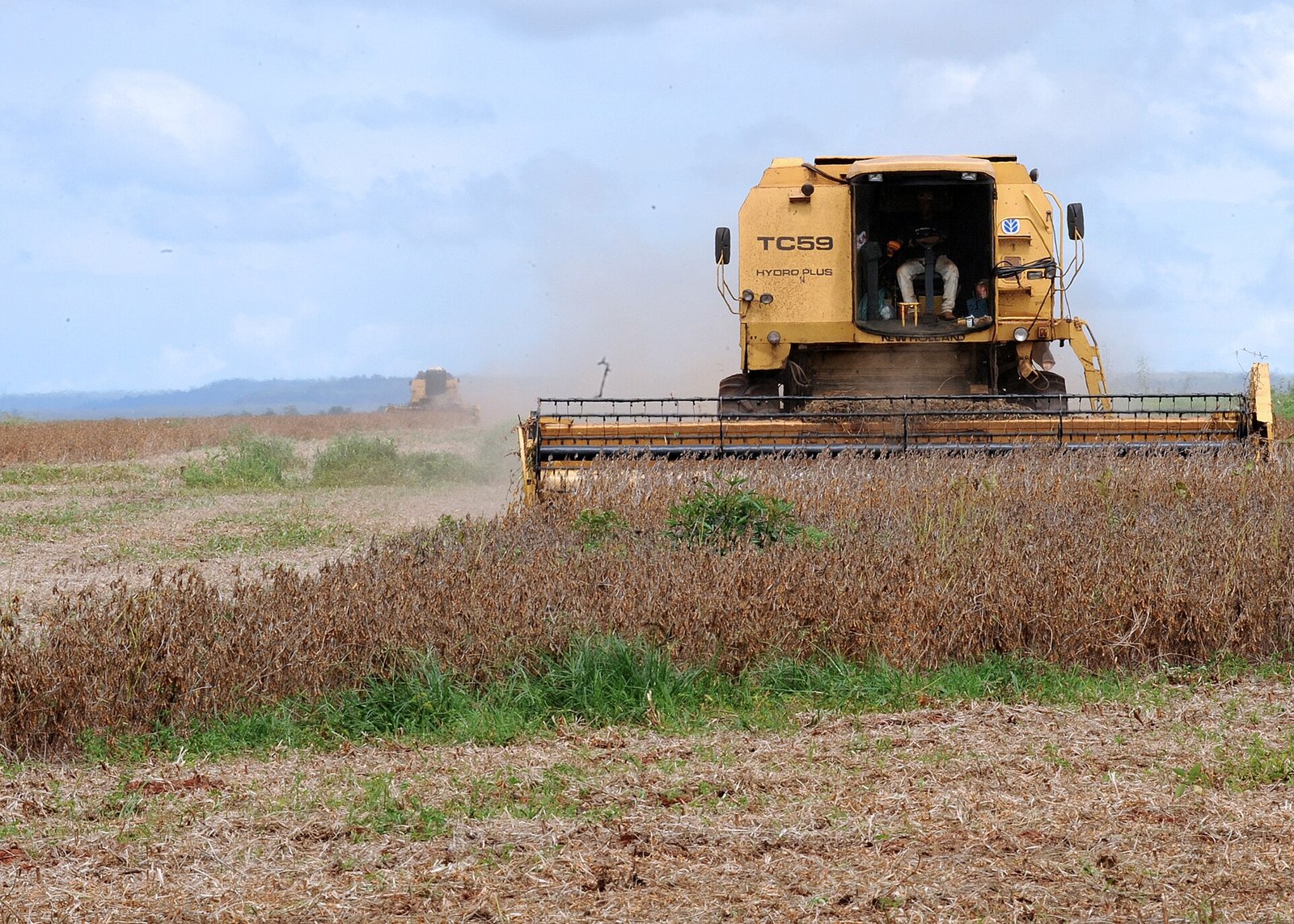 A combine harvester working a soybean field near Rondonópolis, Mato Grosso, Brazil.