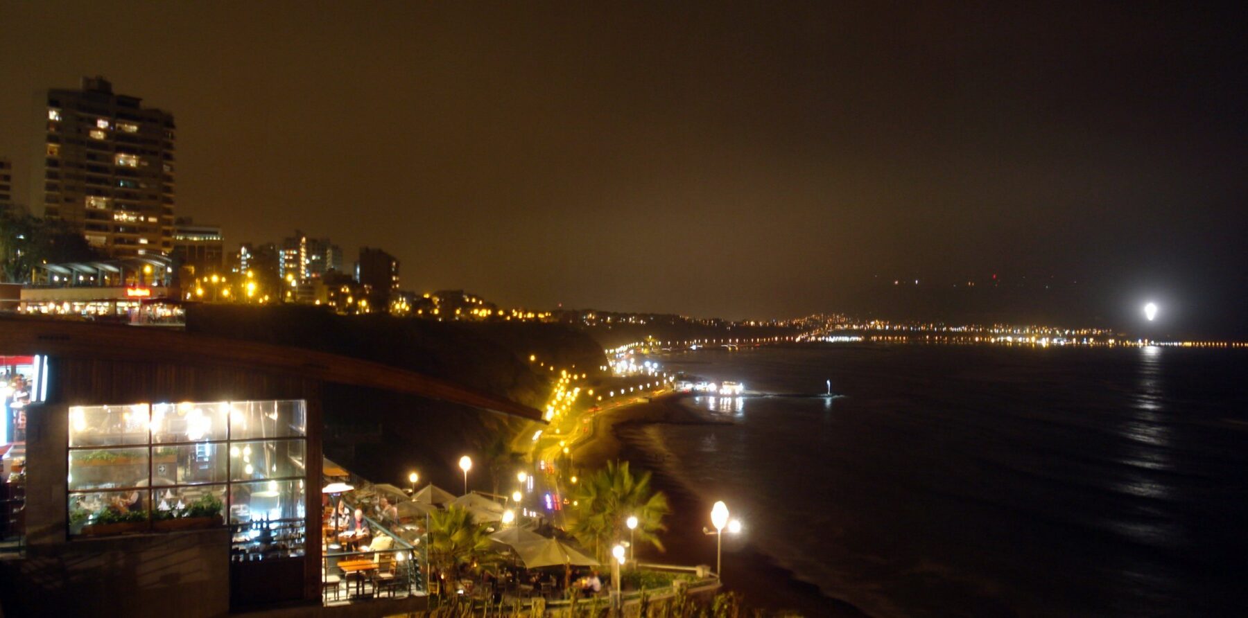 The Costa Verde coastline of Lima, Peru, at night, the seafront where Grupo Frontera play Costa 21 on 17 October 2026