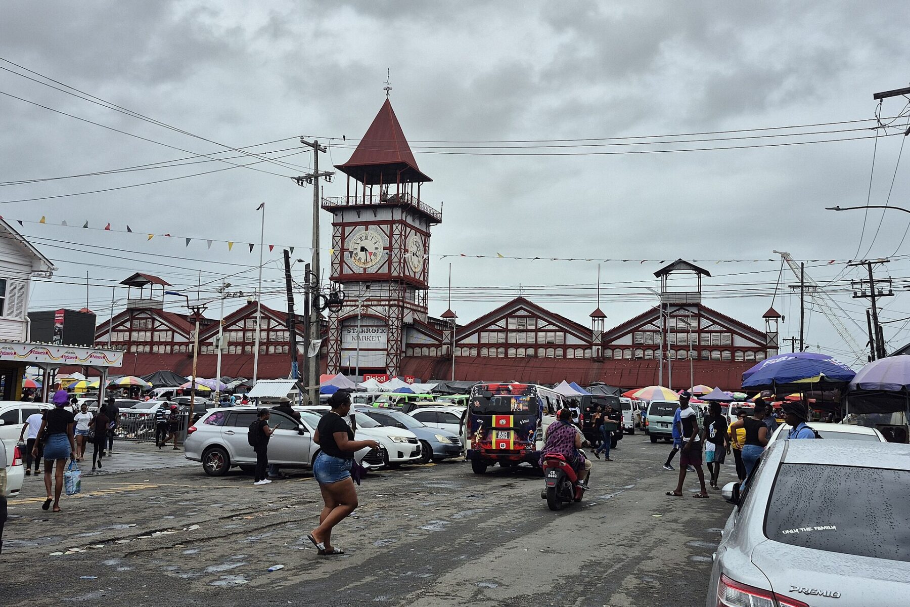 Stabroek Market, a historic cast-iron market building with a clock tower, in downtown Georgetown, Guyana