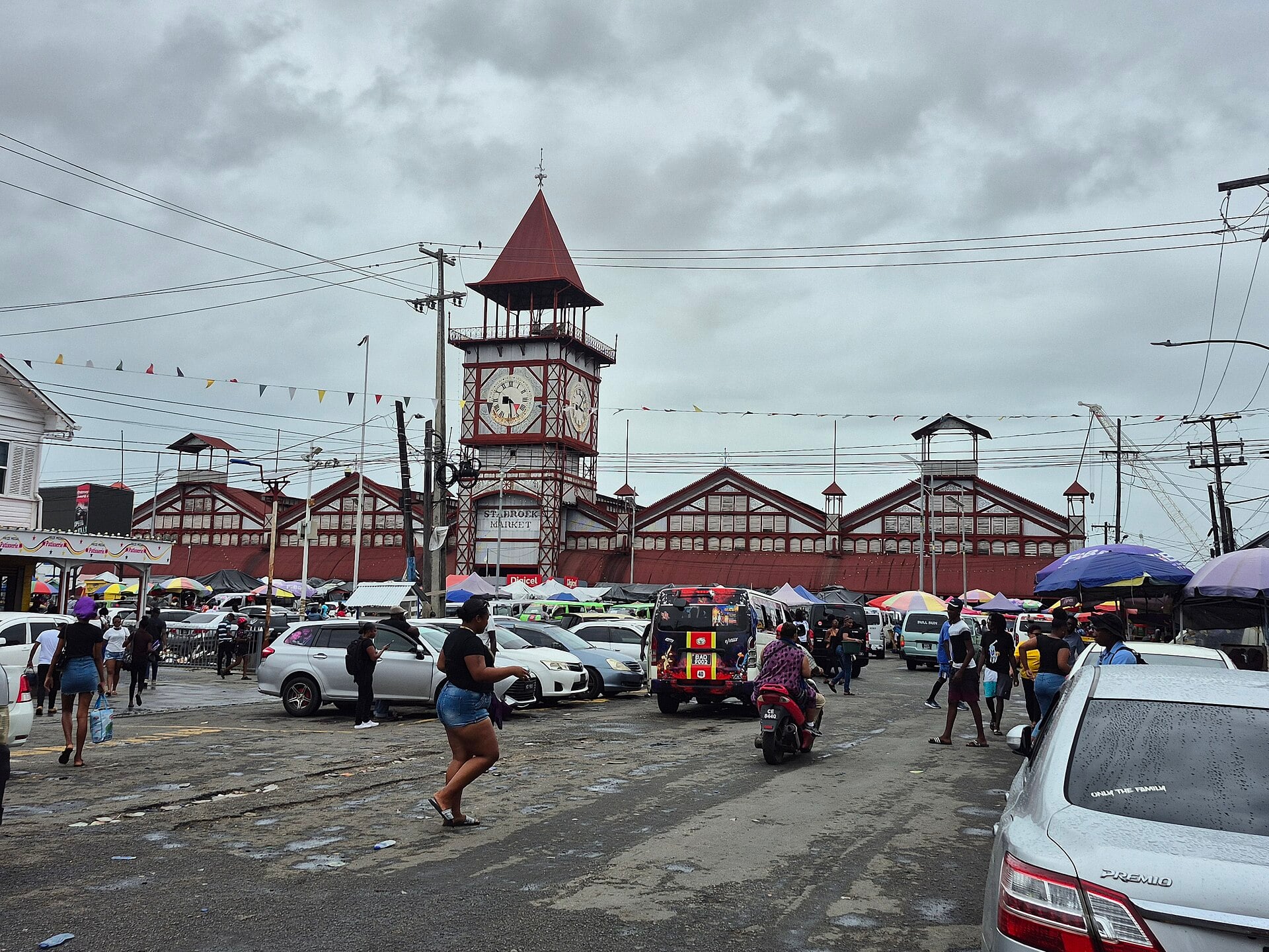Stabroek Market, a historic cast-iron market building with a clock tower, in downtown Georgetown, Guyana