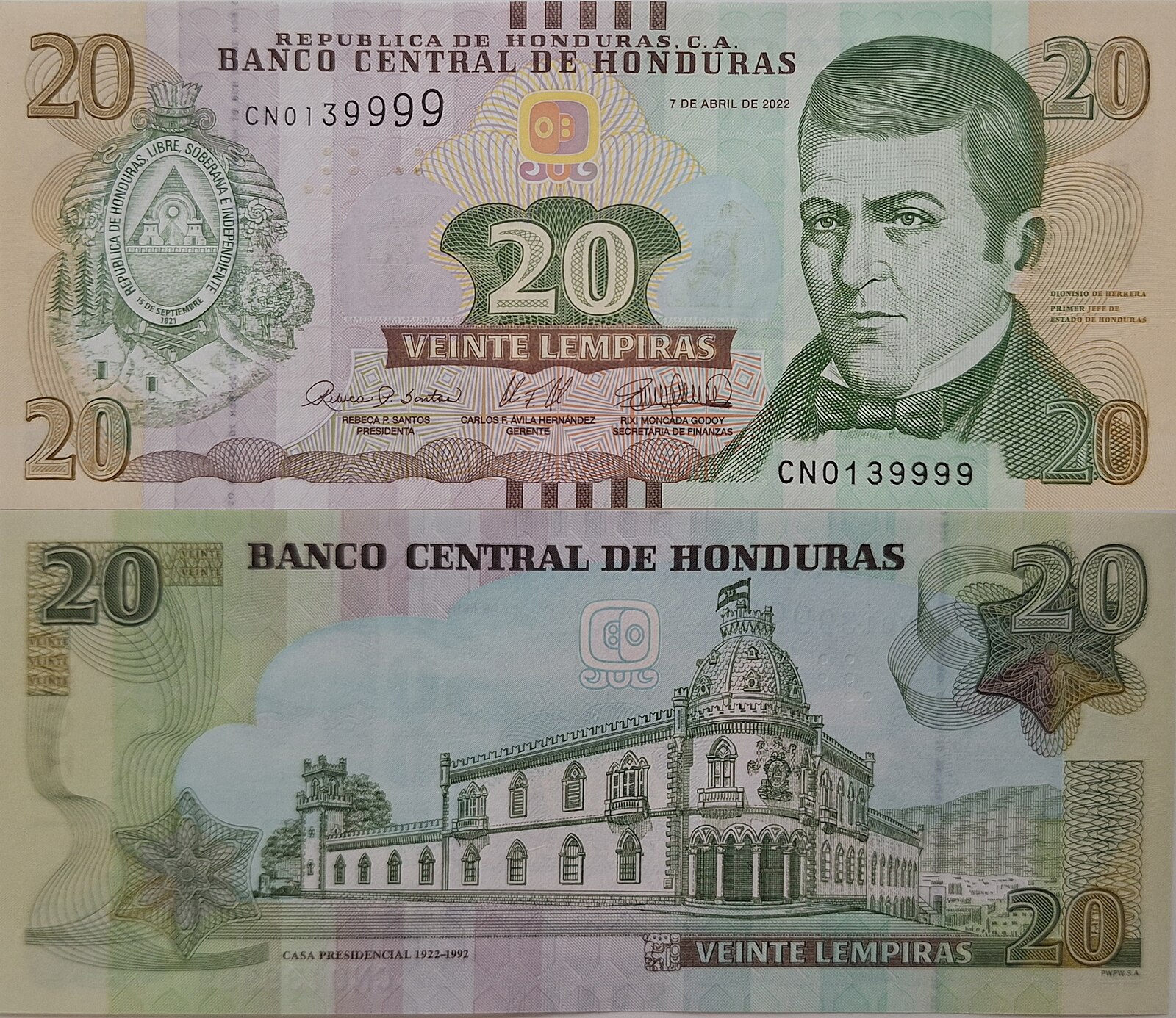 Honduras lempira banknote 20 lempiras