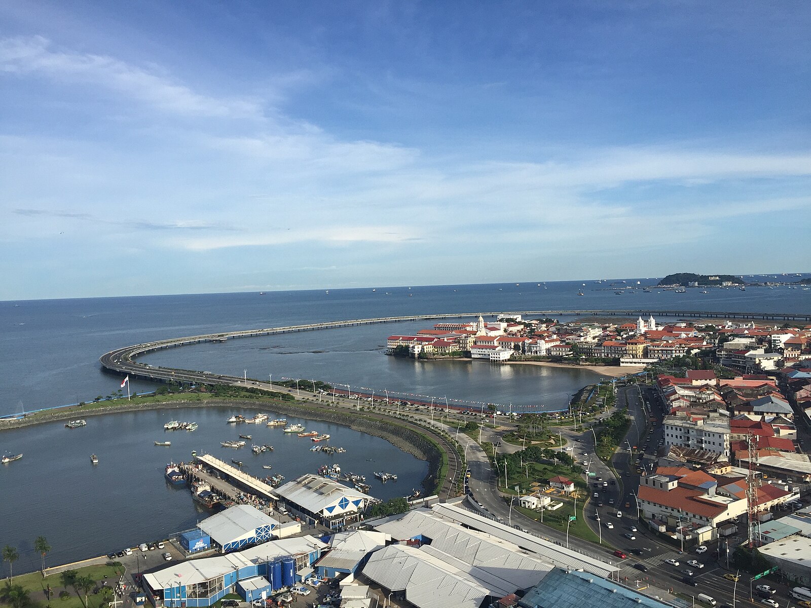 Aerial view of Panama City coastline, old town, and bridge