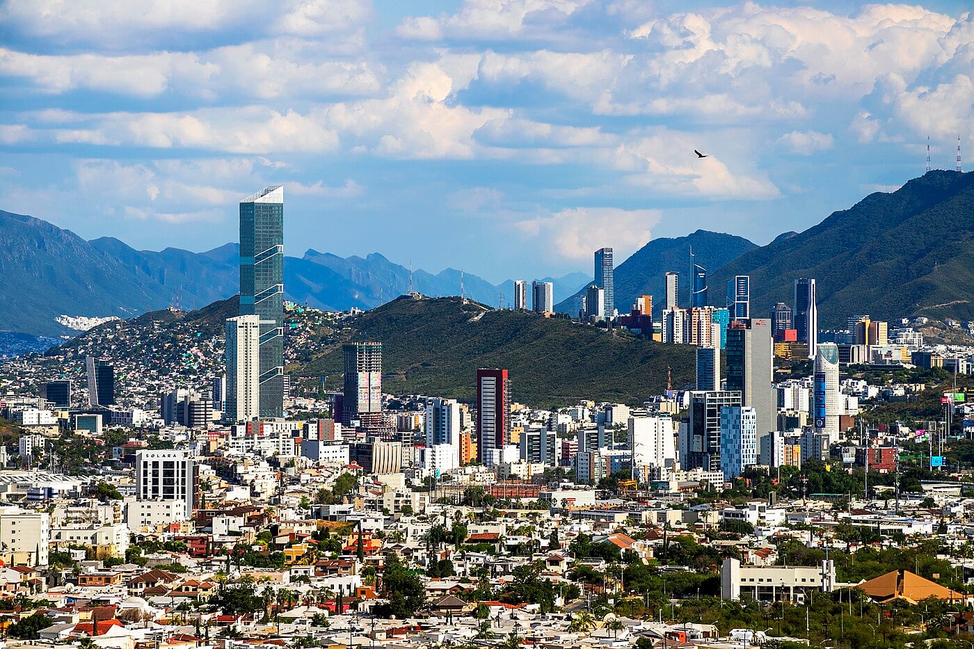 The Monterrey skyline in Nuevo Leon, northern Mexico, with the Sierra Madre behind
