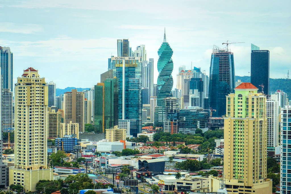 Panama City skyline with its spiral tower, capital where Panama US intelligence talks took place