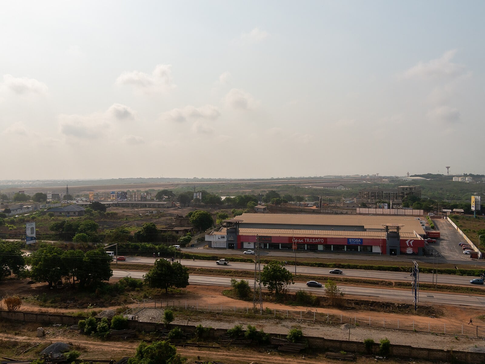 Rooftops and roads of East Legon in Accra, Ghana, the district of MAD Club where Ruger plays