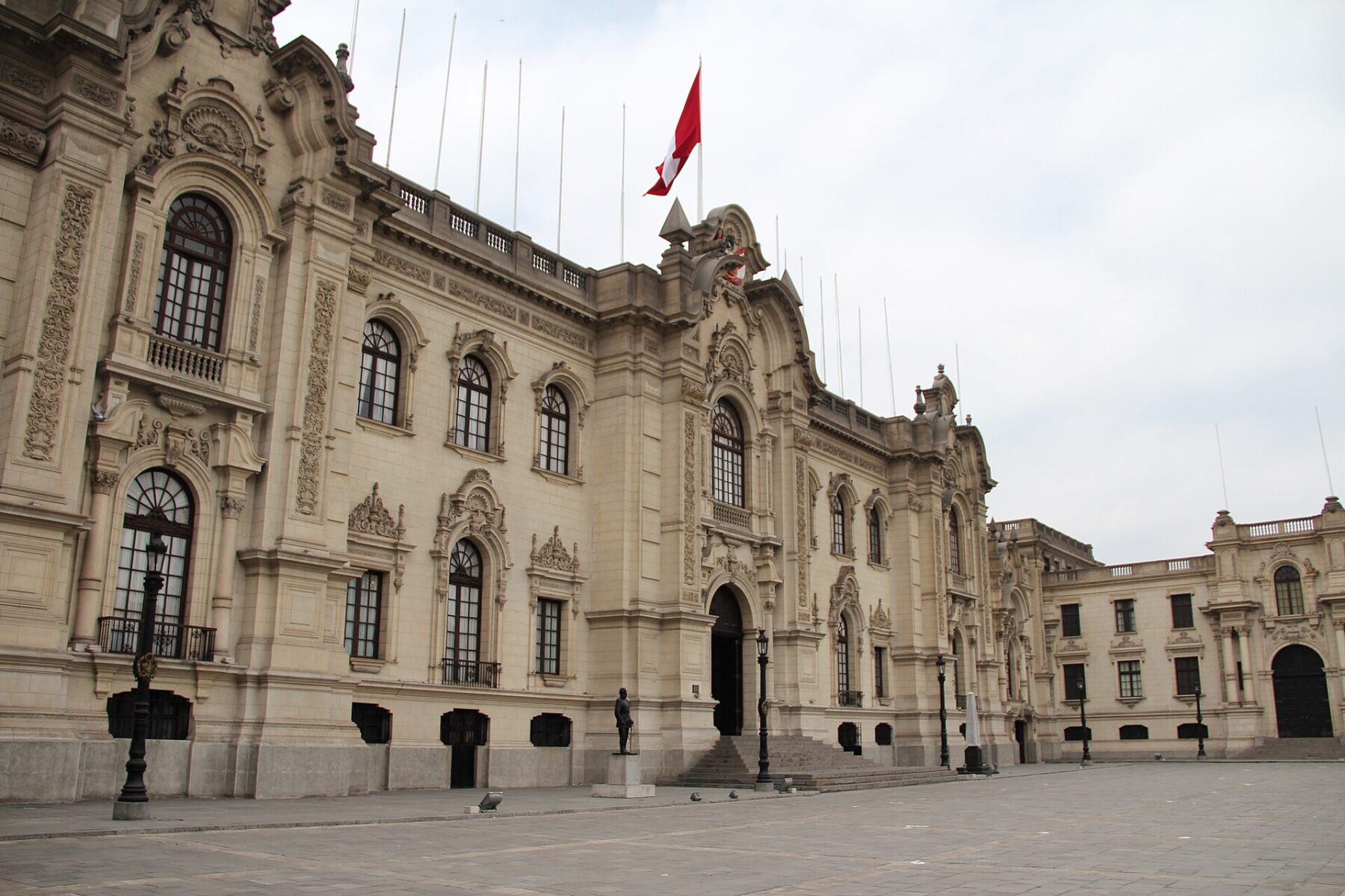 The ornate facade of Peru's Government Palace on the Plaza Mayor in Lima