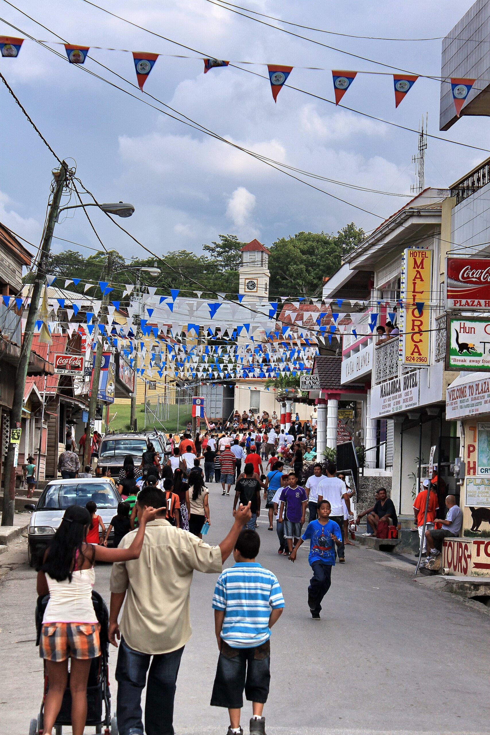 A street decorated with Belizean flags during Independence Day celebrations