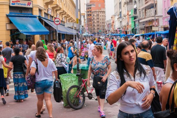 A crowded shopping street in central Sao Paulo, Brazil