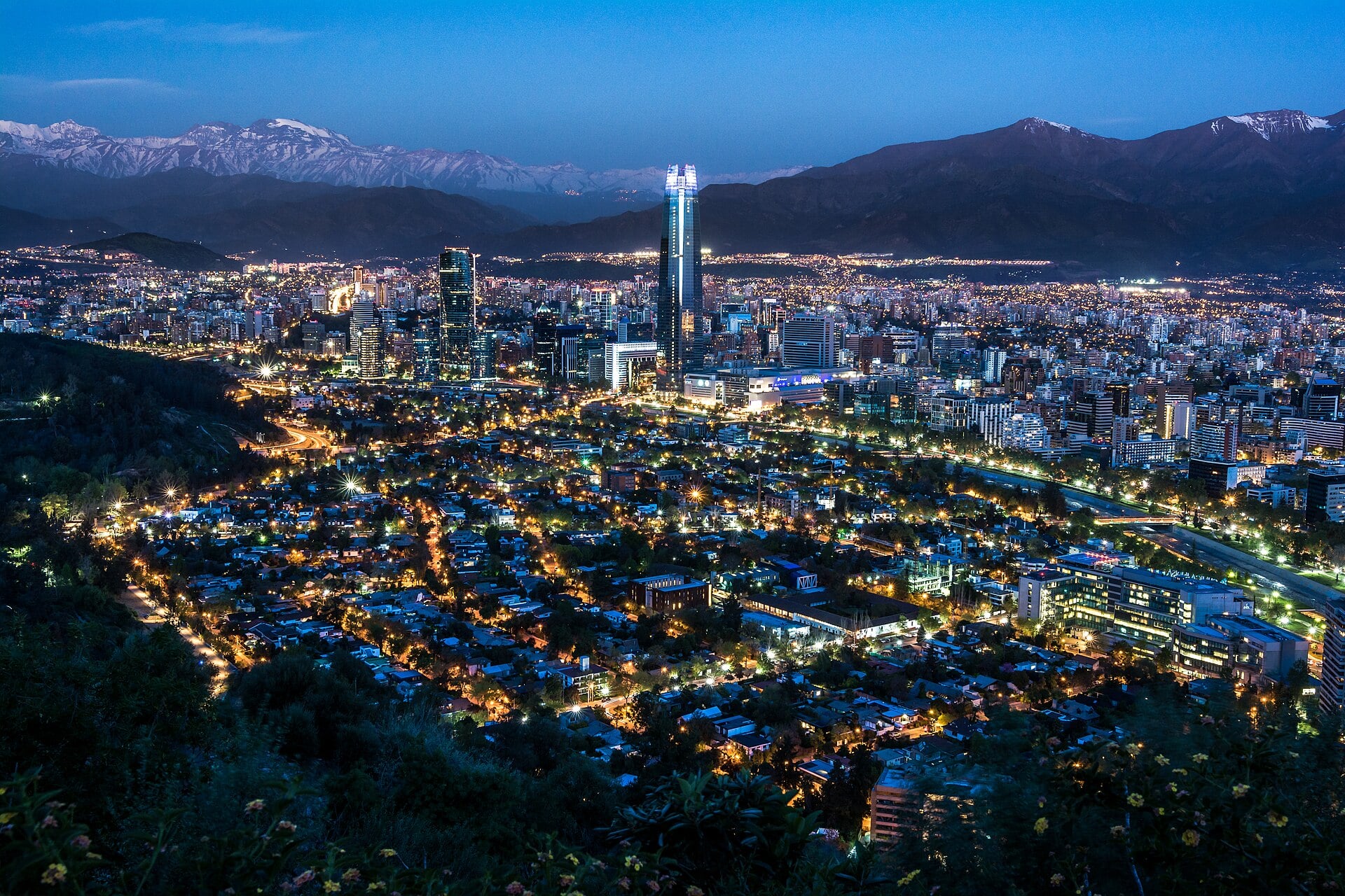 The skyline of Santiago, Chile at dusk