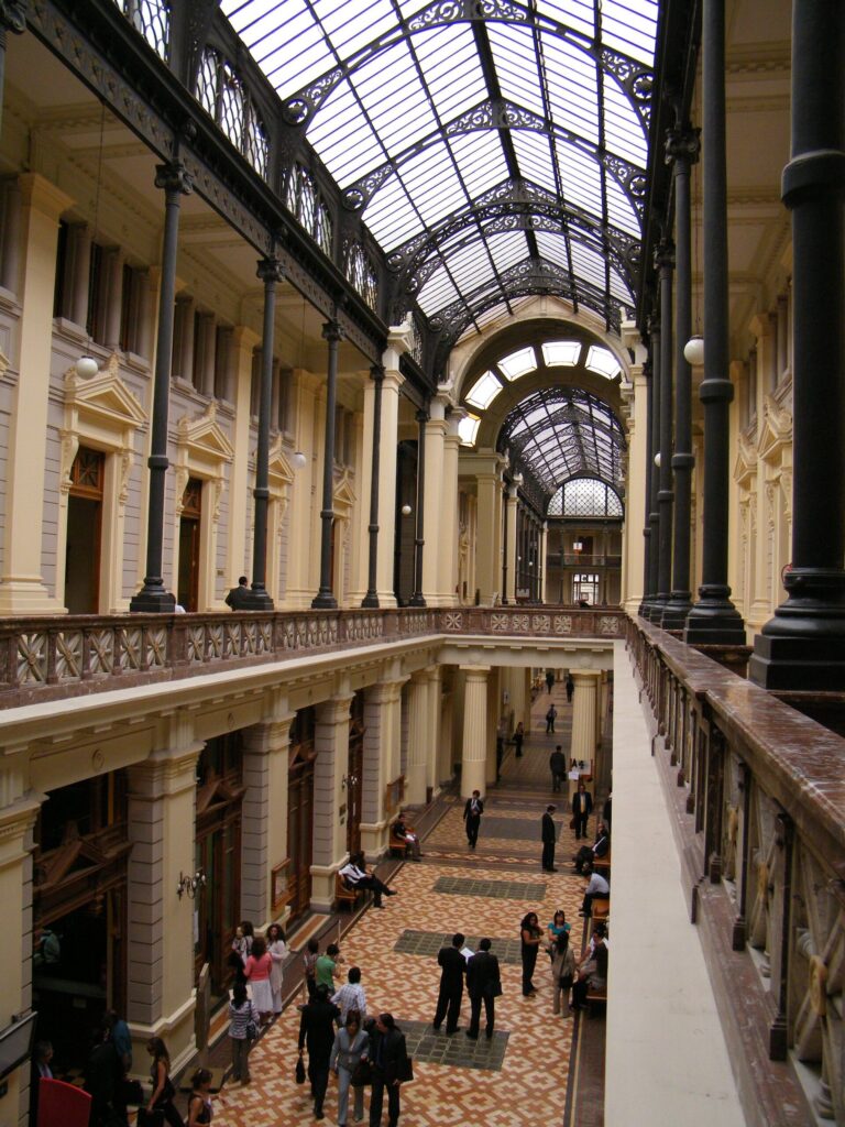The vaulted main gallery inside Santiago's Palace of the Courts of Justice
