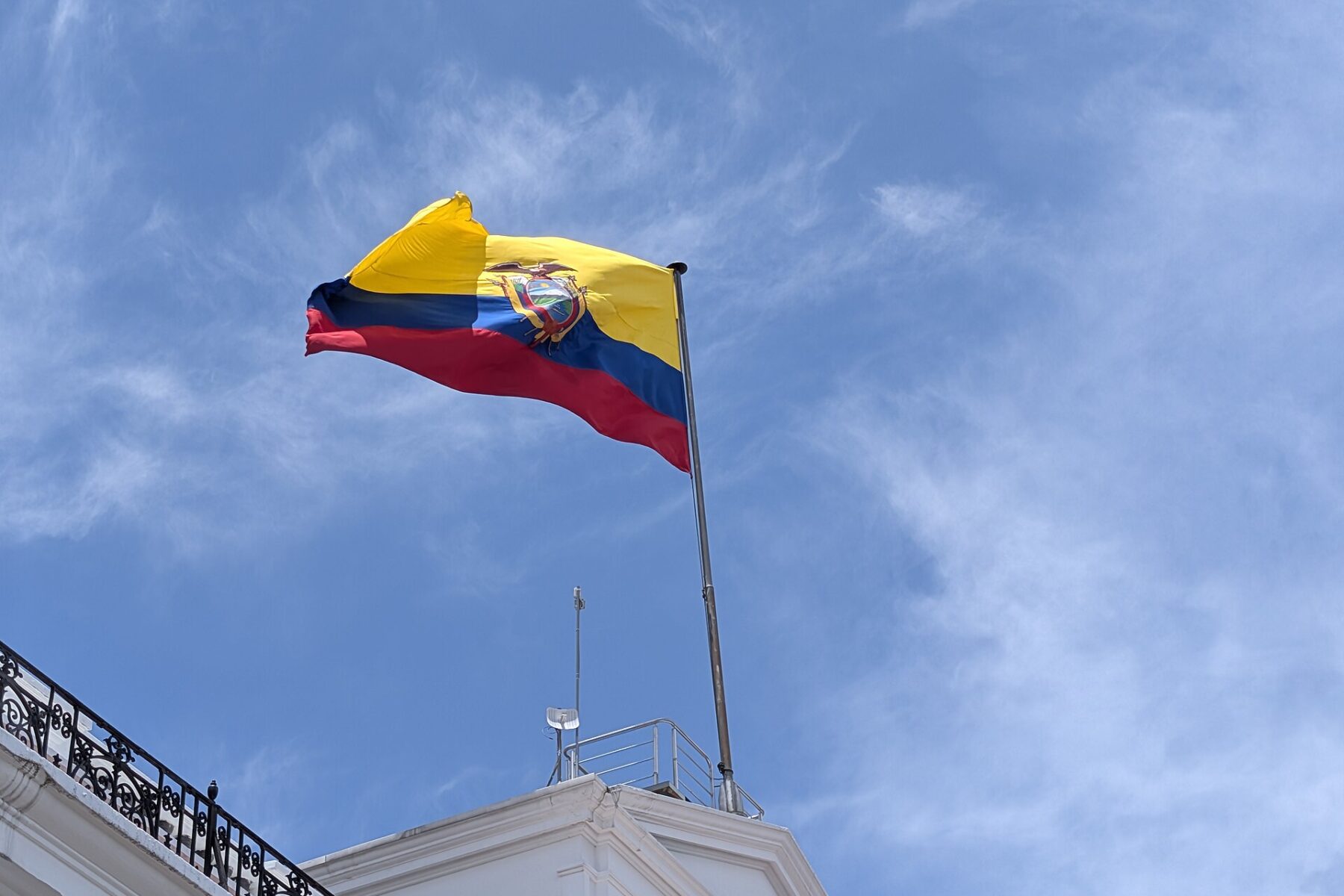 The Ecuadorian flag flying above the Carondelet presidential palace in Quito