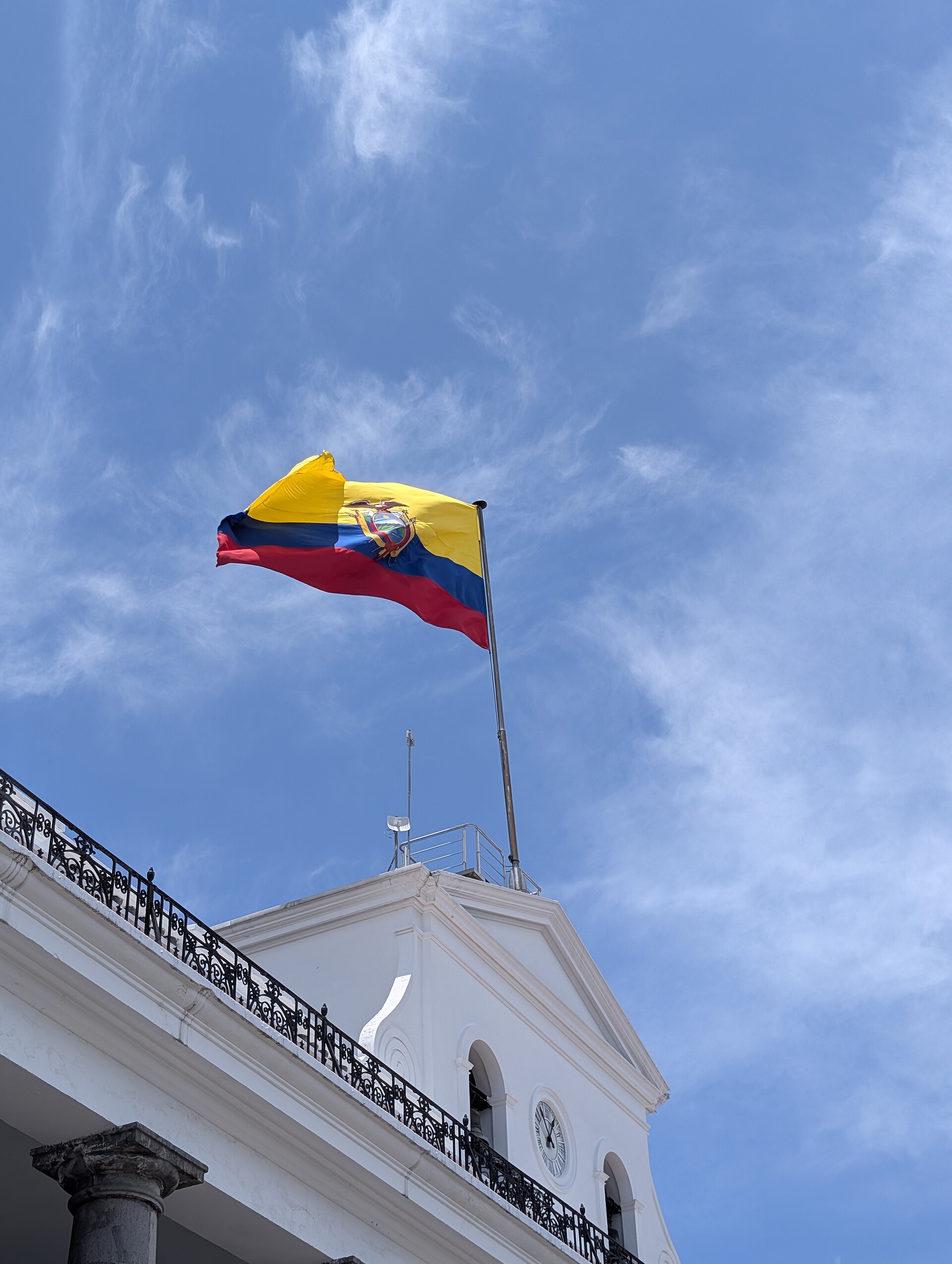 The Ecuadorian flag flying above the Carondelet presidential palace in Quito
