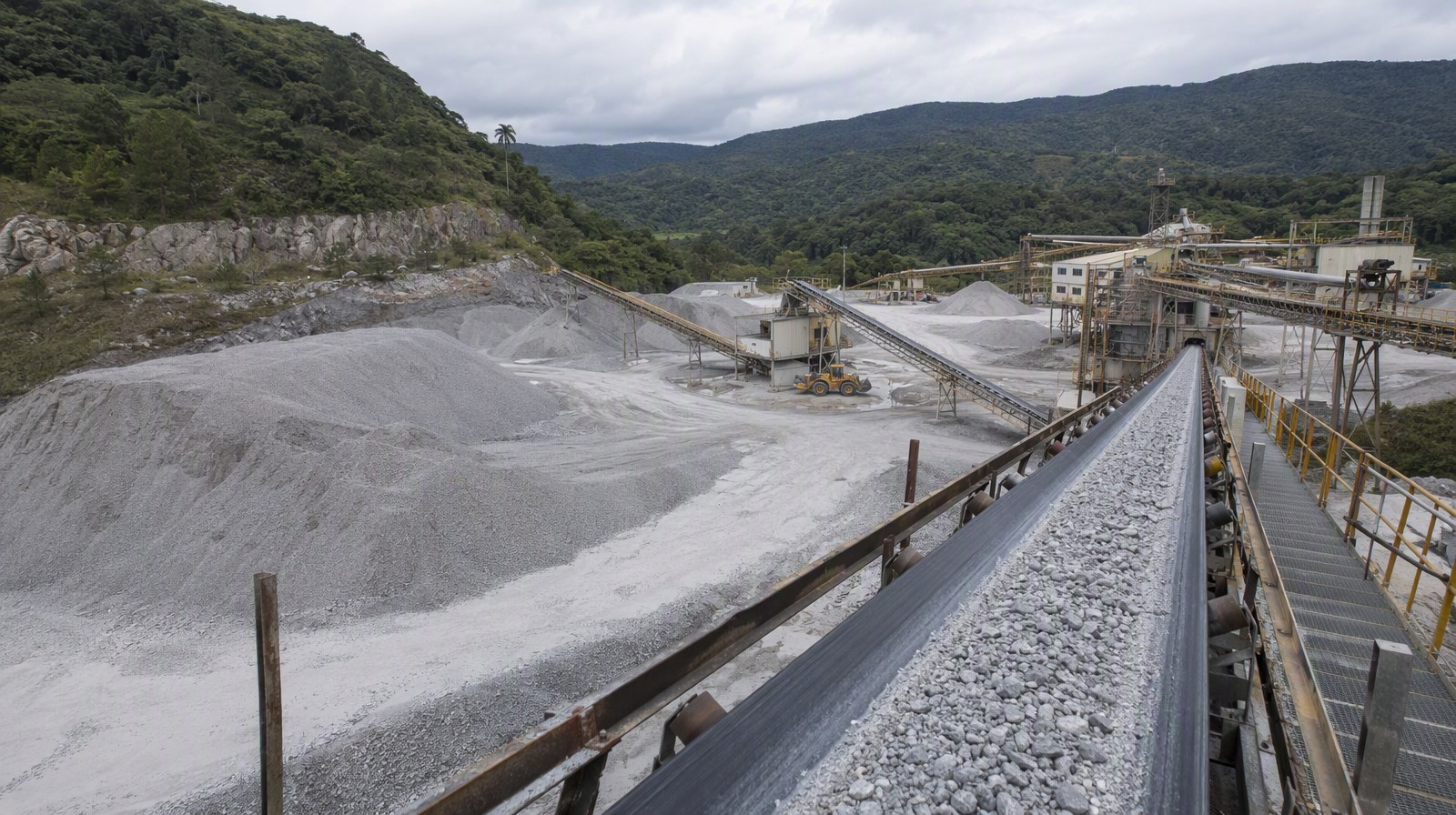 A lithium ore processing plant in forested hills, illustration