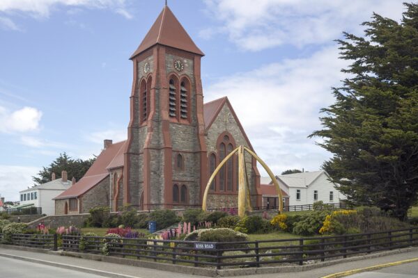 The cathedral and waterfront at Stanley in the Falkland Islands