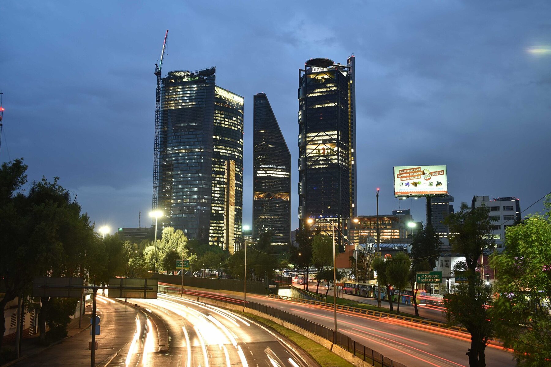 Office towers and evening traffic in Mexico City