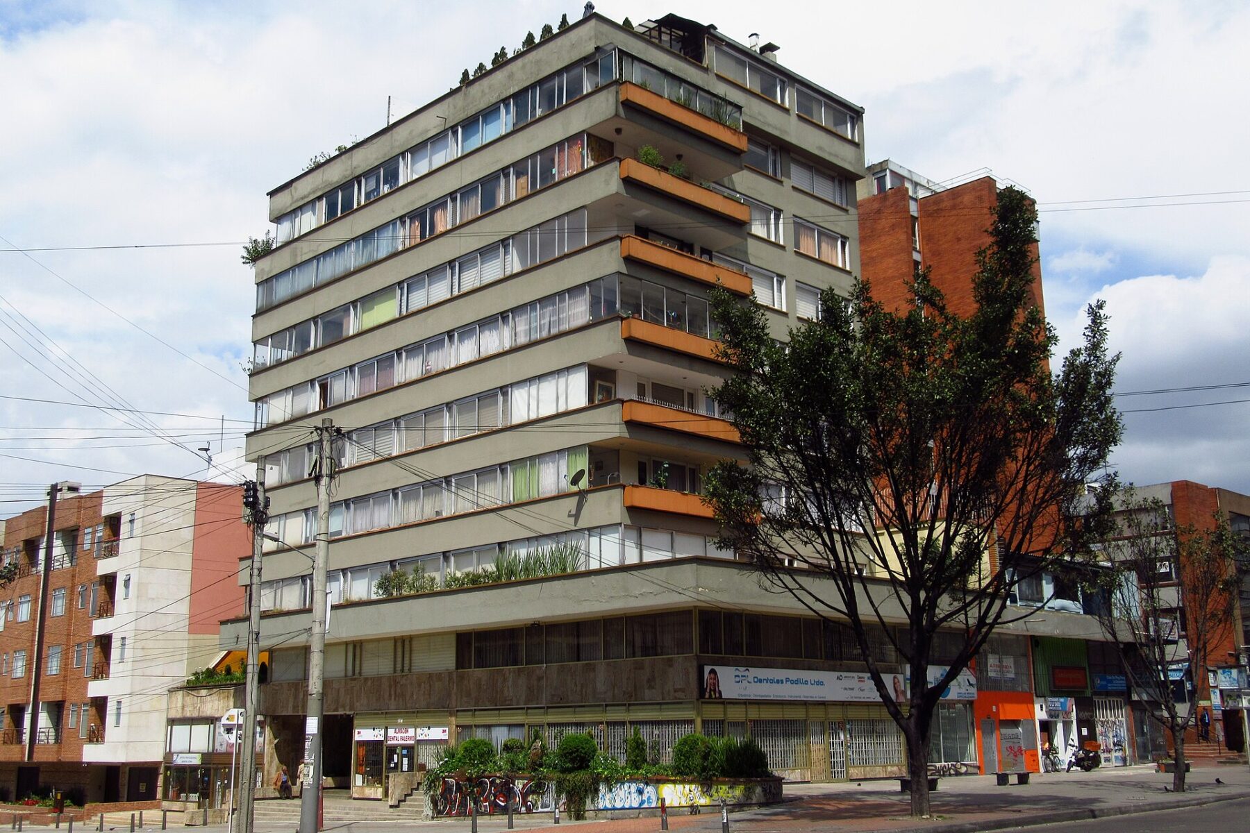 A street corner with mid-rise buildings in Bogota, Colombia