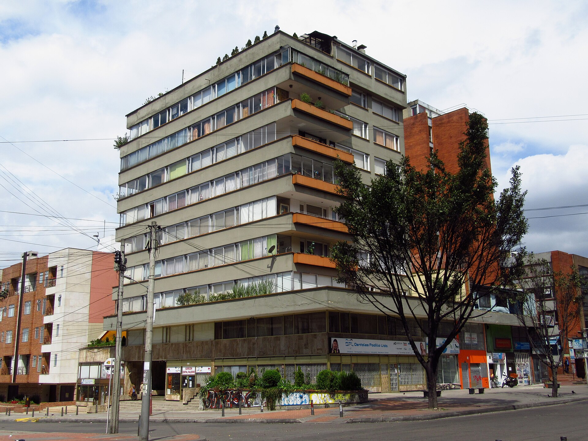A street corner with mid-rise buildings in Bogota, Colombia