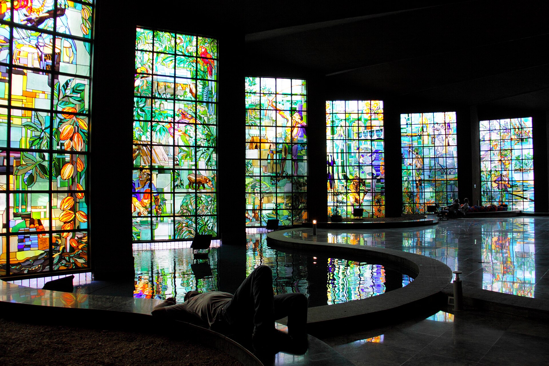 Stained glass windows in the interior of a Caixa Economica Federal building in Brasilia