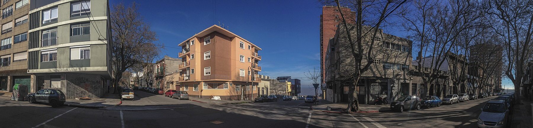 A street corner with apartment blocks in central Montevideo