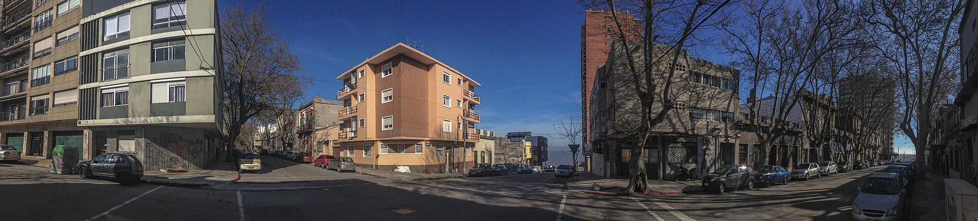 A street corner with apartment blocks in central Montevideo