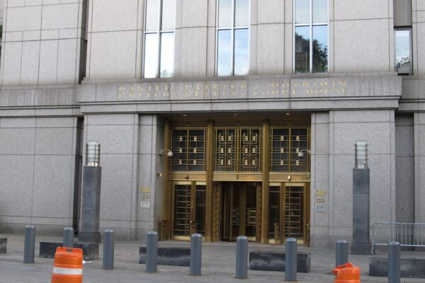 The stone and column facade of the Daniel Patrick Moynihan United States Courthouse in Manhattan