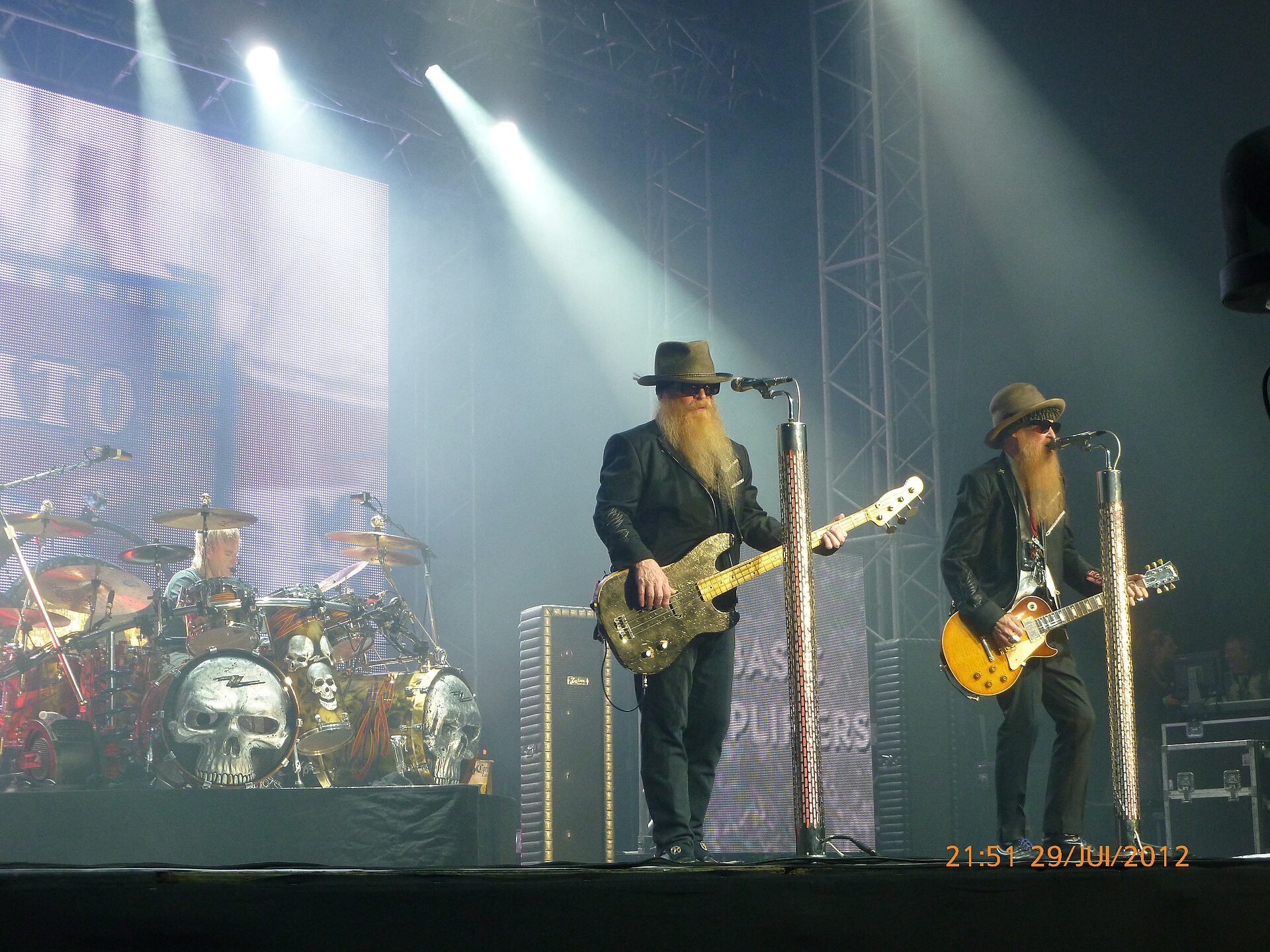 ZZ Top performing on stage with guitars