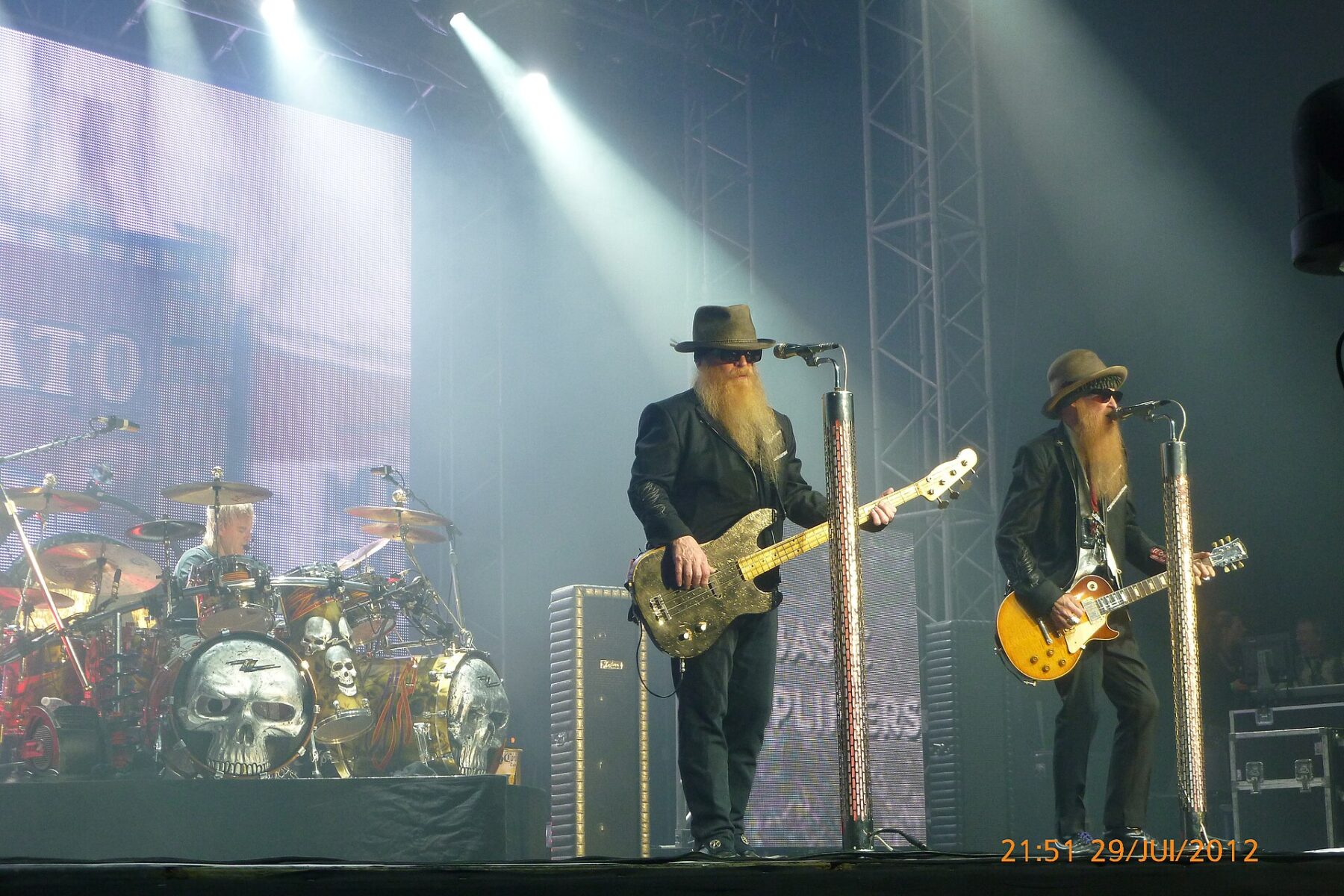 ZZ Top performing on stage with guitars