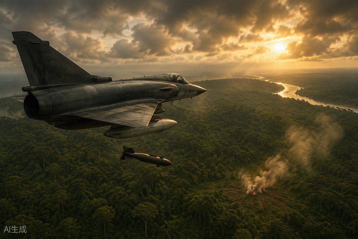Latin America Defense Monitor: a Colombian Kfir jet releases a munition over the jungle at dawn