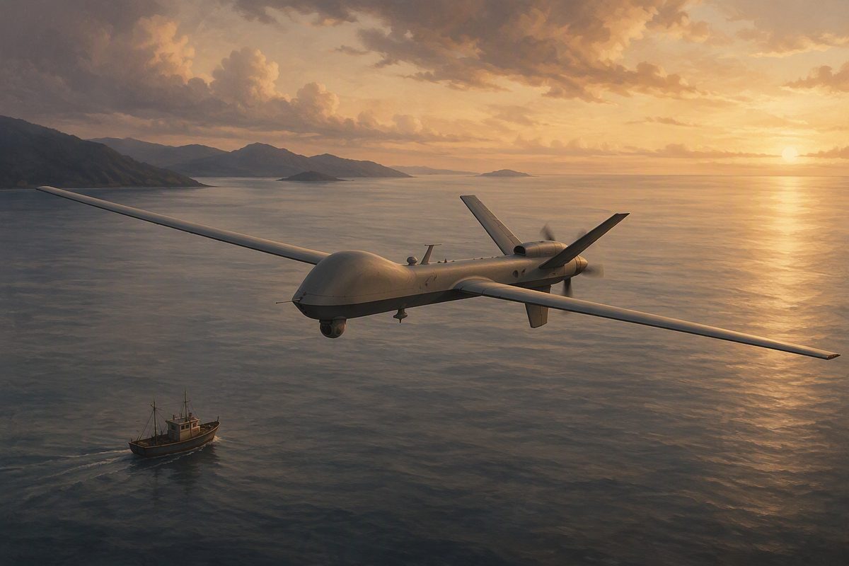 Latin America Defense Monitor inline image: an MQ-9 Reaper-style surveillance drone over Caribbean waters