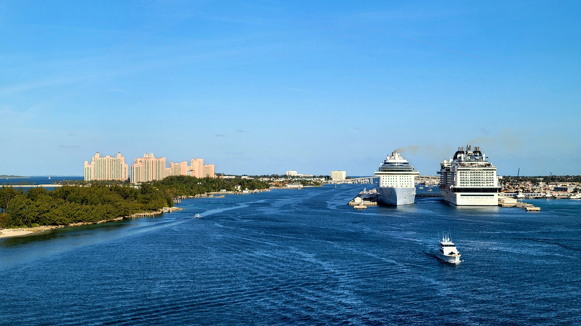 investing in the Bahamas: Atlantis resort towers on Paradise Island across Nassau Harbour from the cruise port