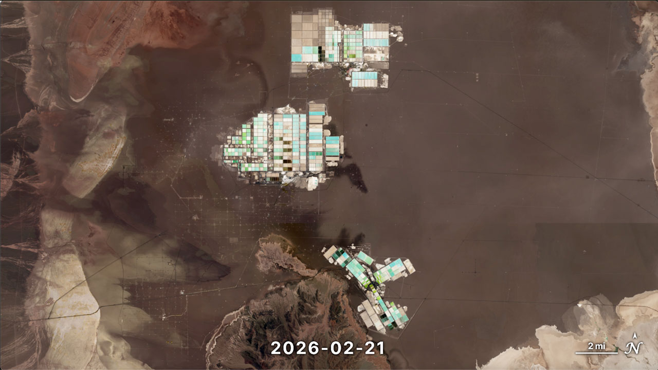 Lithium evaporation ponds in Chile's Salar de Atacama seen from space.