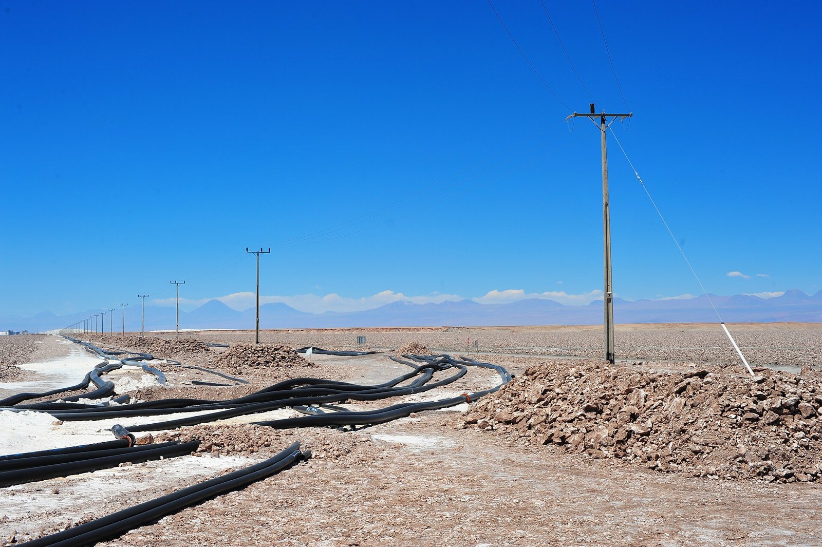 SQM brine pipelines crossing the Salar de Atacama salt flat in Chile.