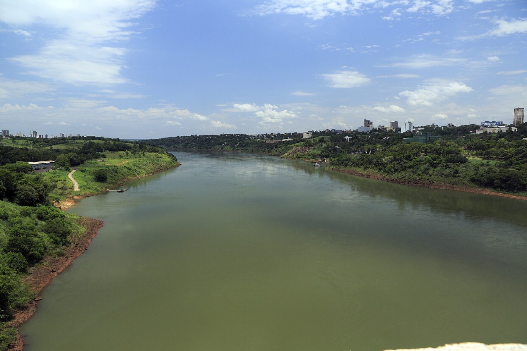 The Paraná River at Ciudad del Este, Paraguay, with the city skyline on the horizon