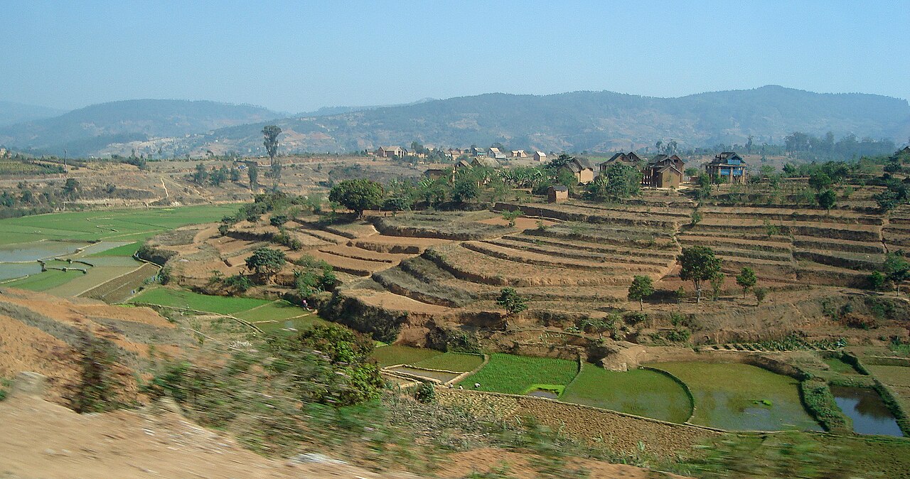 Madagascar explained: terraced rice paddies and brick houses in the countryside
