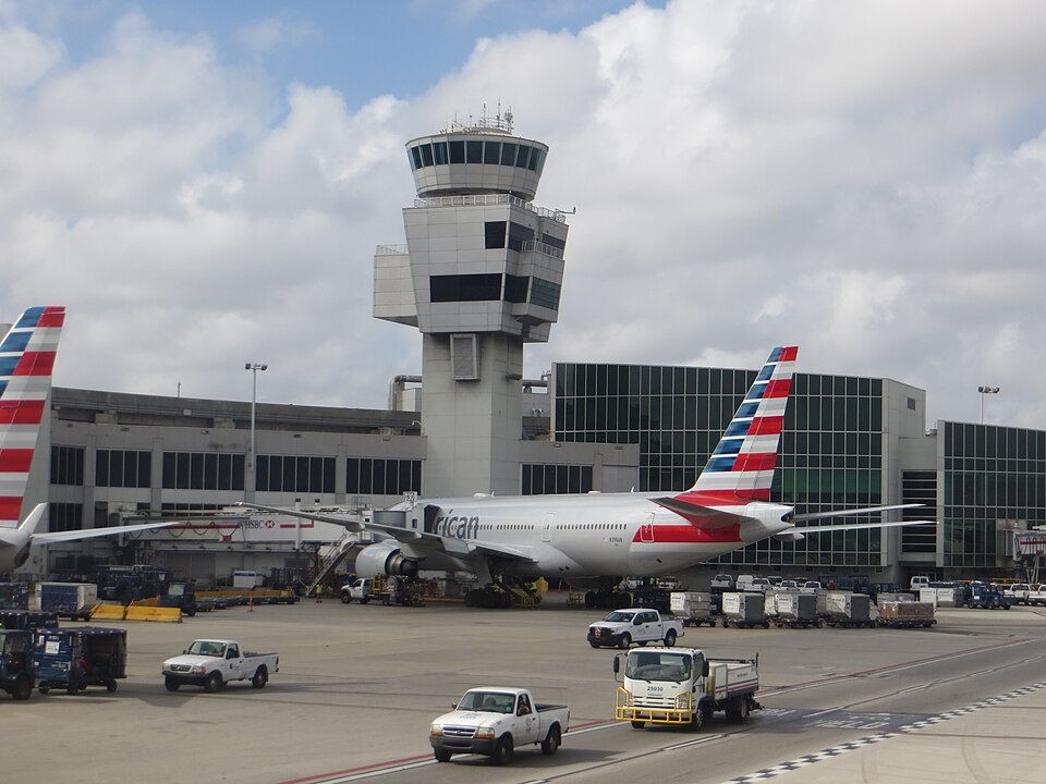 Airliners parked at gates at Miami International Airport