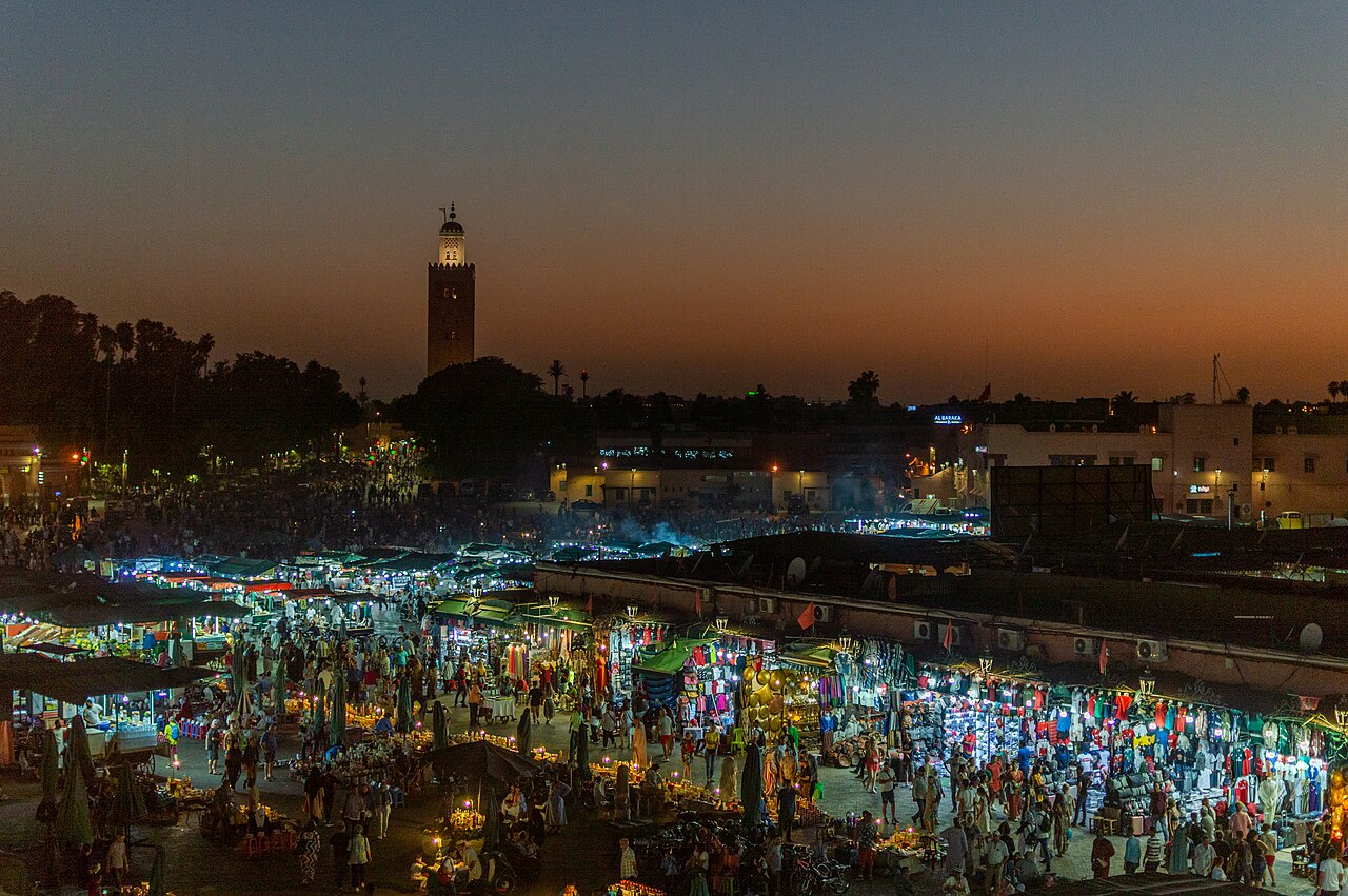 Morocco explained 2026 — market stalls on Jemaa el-Fnaa in Marrakesh at dusk