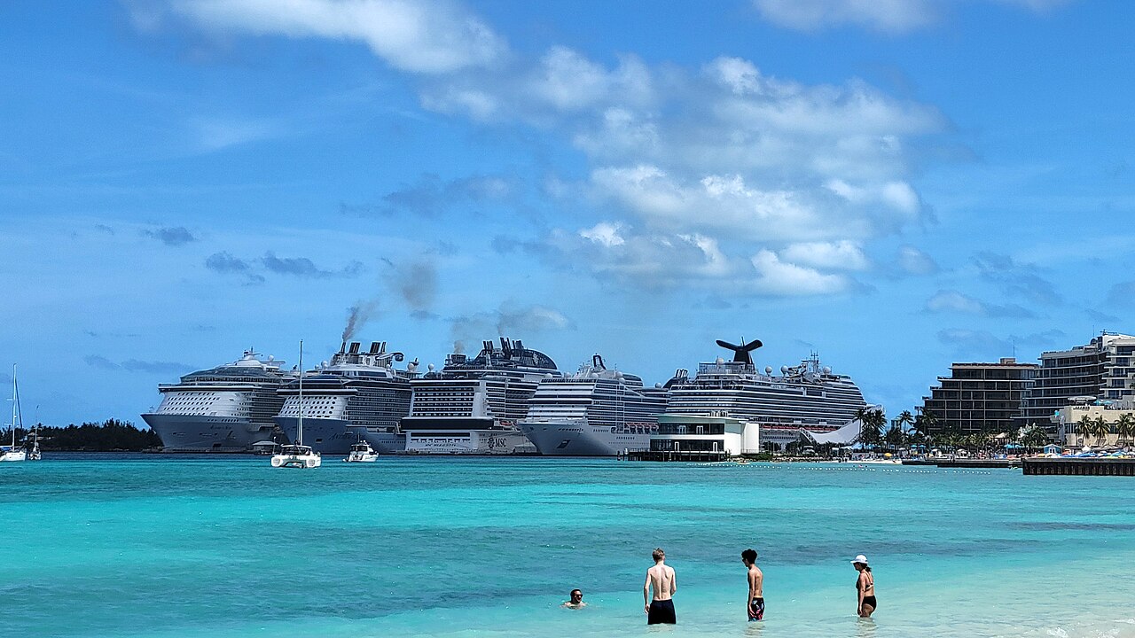 Moving to the Bahamas 2026 — the Nassau cruise port seen from Western Esplanade beach