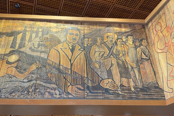 Interior hall of Mexico's Chamber of Deputies with a large mural