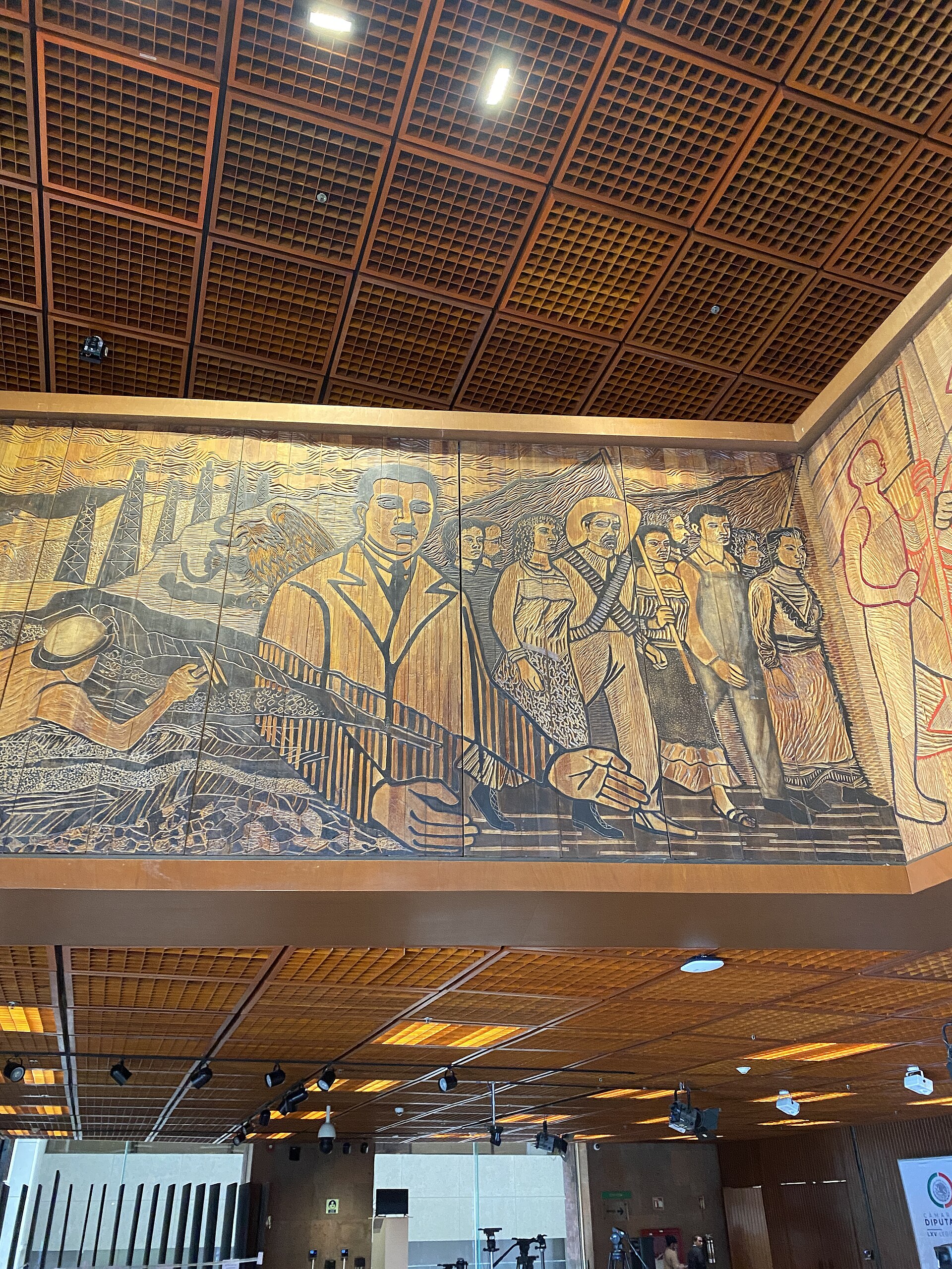 Interior hall of Mexico's Chamber of Deputies with a large mural