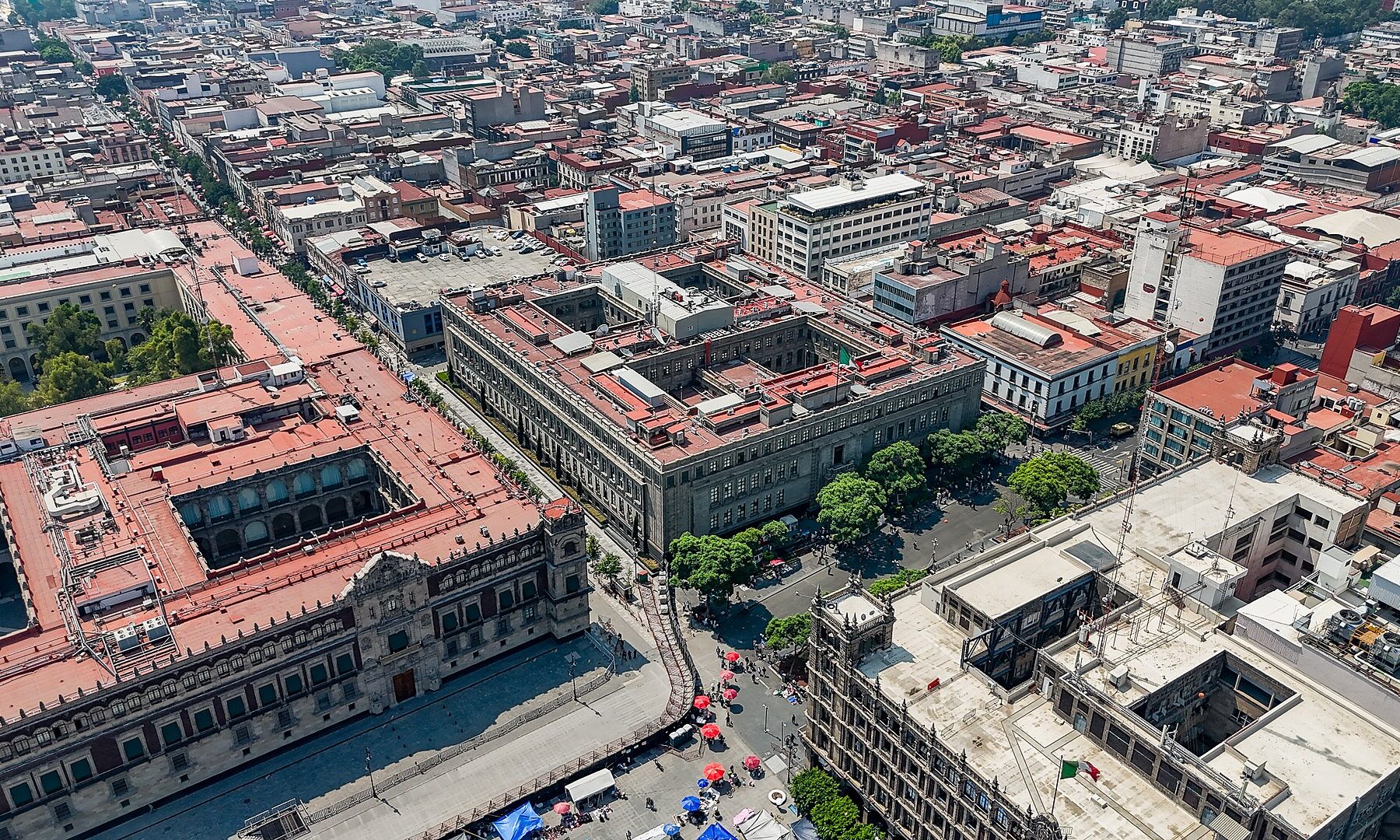 Aerial view of the Zocalo and the National Palace in the centre of Mexico City