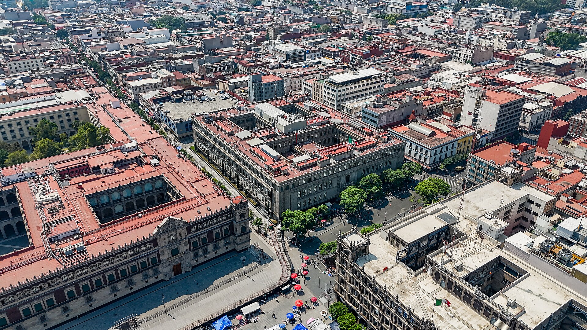 Aerial view of the Zócalo and the National Palace in the centre of Mexico City