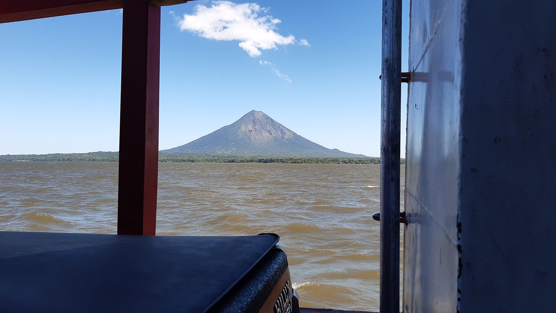 Nicaragua explained 2026 — Concepción volcano on Ometepe Island seen from a boat on Lake Nicaragua