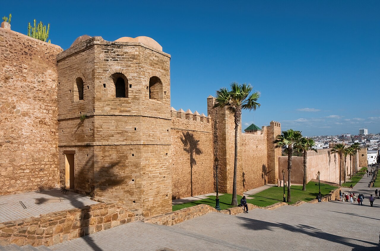 The fortified walls of the Kasbah of the Udayas in Rabat, with the modern city behind
